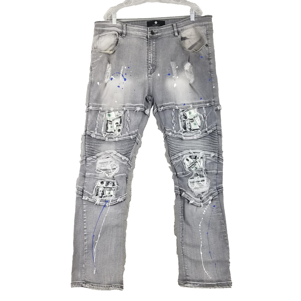 Focus Jeans Mens Jeans 40x32 Gray Distressed Moto Paint Splatter Stacked Denim